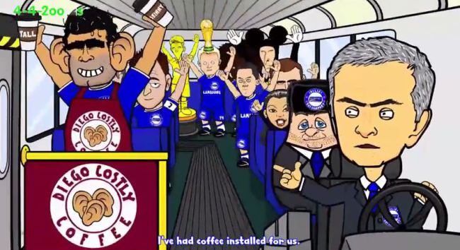 Defenzívny autobus Chelsea šoféruje José Mourinho, ktorý nainštaloval kávu Diego Costly Coffee, za Mourinhom sedí Abramovič (metro.co.uk)